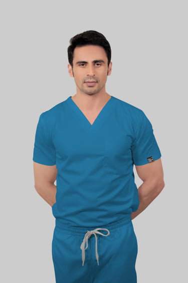 Stretchable (2Way) Male Peacock Blue V-Neck With Jogger Scrub Set