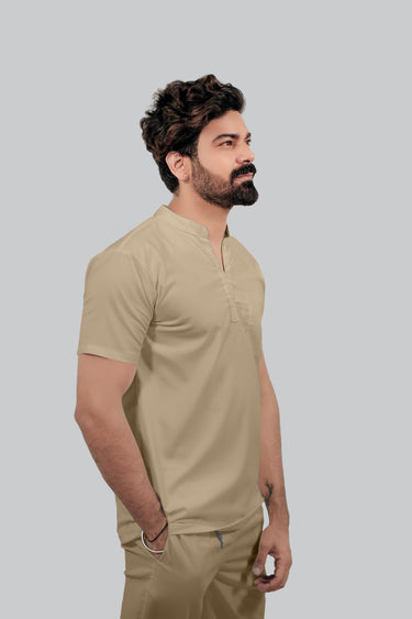 Stretchable (4Way) Male Beige Mandarin Neck with Straight Pant Scrub Set