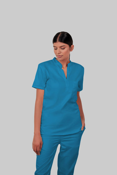 Stretchable (2Way) Female Peacock Blue Mandarin Neck With Jogger Scrub Set
