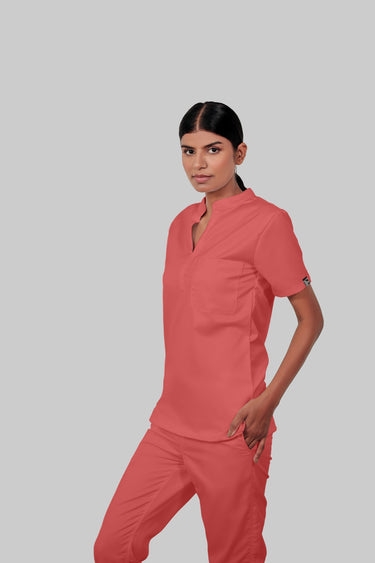 Stretchable (2Way) Female Peach Mandarin Neck With Jogger Scrub Set