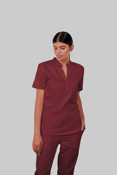 Stretchable (2Way) Female Maroon Mandarin Neck With Jogger Scrub Set