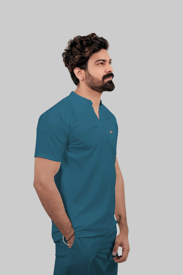Stretchable (4Way) Male Peacock Blue Mandarin Neck with Straight Pant Scrub Set