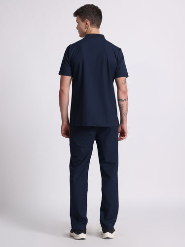 Stretchable (4Way) Navy Blue Male Flex Zip Neckline Top With Straight Pants