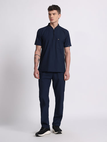 Stretchable (4Way) Navy Blue Male Flex Zip Neckline Top With Straight Pants
