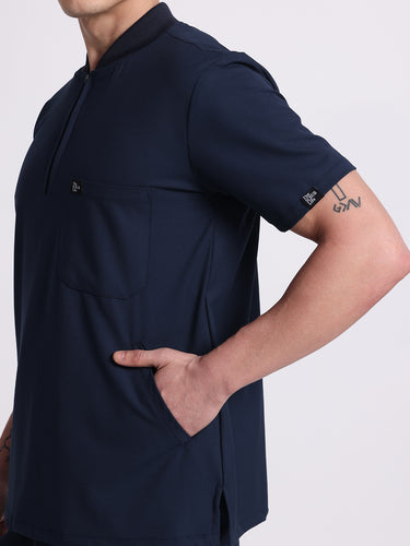 Stretchable (4Way) Navy Blue Male Flex Zip Neckline Top With Straight Pants