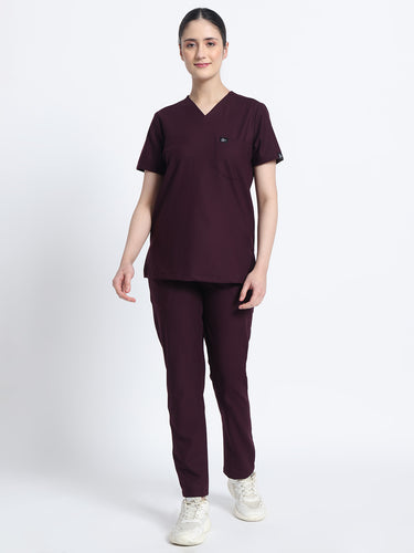 Stretchable (4Way) Female Wine V-Neck Scrub Scrub Top