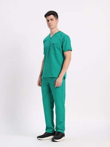 Stretchable (4Way) Male Sea Green V-Neck With Straight Pant Scrub Set