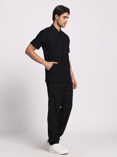 Stretchable (4Way) Black Male Flex Zip Neckline Top With Straight Pants