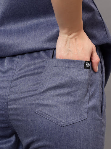Stretchable (2Way) Female Denim Blue Texture V-Neck With Straight Pant Scrub Set