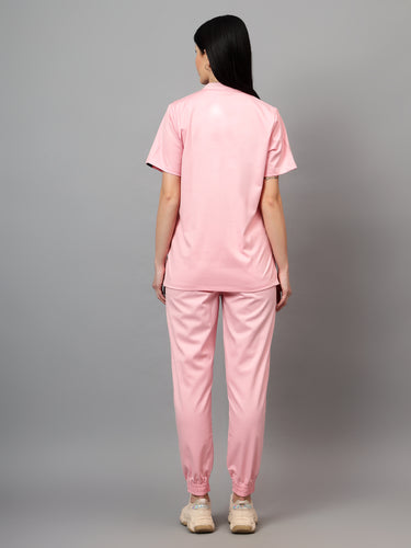 Stretchable (2Way) Female Powder Pink Mandarin Neck With Jogger Scrub Set