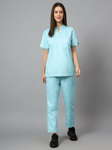 Stretchable (2Way) Female Aqua Blue Mandarin Neck With Straight Pant Scrub Set