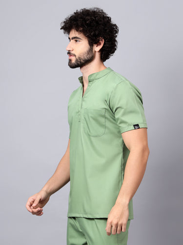 Stretchable (2way) Men Pista Green Mandarin Neck Scrub Top