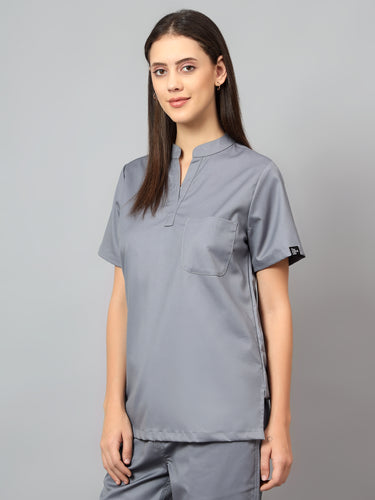 Stretchable (2Way) Female Graphite Mandarin Neck With Straight Pant Scrub Set