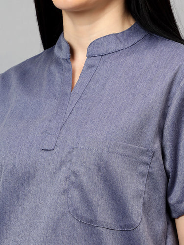 Stretchable (2Way) Women Denim Blue Textured Mandarin Neck Scrub Top