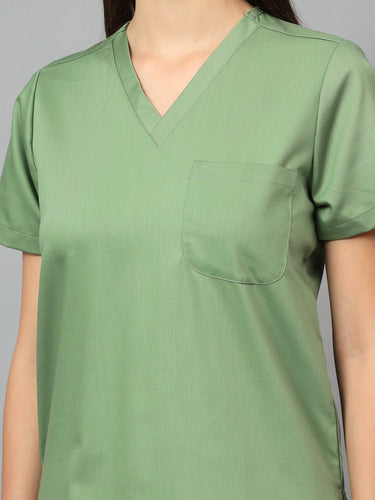 Stretchable (2Way) Female Pista Green V-Neck With Straight Pant Scrub Set