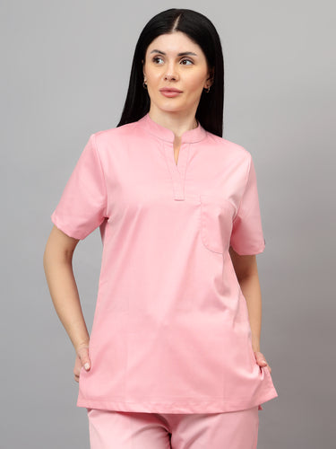 Stretchable (2Way) Female Powder Pink Mandarin Neck With Jogger Scrub Set