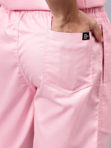 Stretchable (2Way) Male Powder Pink V-Neck With Jogger Scrub Set