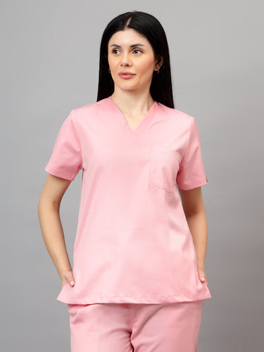 Stretchable (2Way) Female Powder Pink V-Neck With Jogger Scrub Set