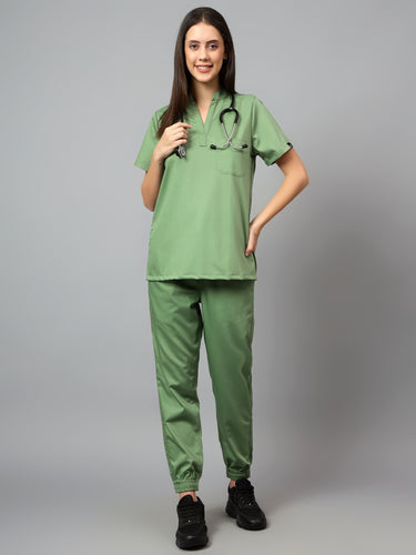 Stretchable (2Way) Female Pista Green Mandarin Neck With Jogger Scrub Set
