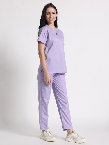 Stretchable (2Way) Female Lavender V-Neck With Straight Pant Scrub Set