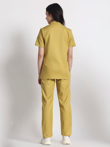 Stretchable (2Way) Female Mustard Mandarin Neck With Straight Pant Scrub Set
