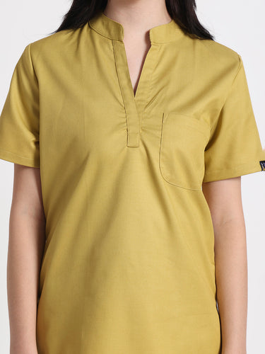 Stretchable (2Way) Female Mustard Mandarin Neck With Jogger Scrub Set