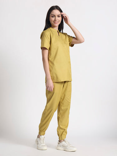 Stretchable (2Way) Female Mustard Mandarin Neck With Jogger Scrub Set