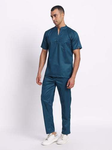 Stretchable (2Way) Male Forest Green Mandarin Neck With Straight Pant Scrub Set