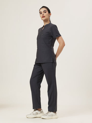 Stretchable (4Way) Women Charcoal Grey Mandarin Neck With Straight Pant Set