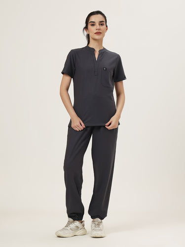 Stretchable (4Way) Women Charcoal Grey Mandarin Neck With Jogger Scrub Set