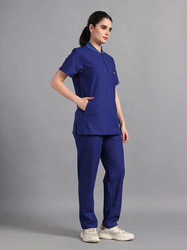Stretchable (4Way) Royal Blue Women Flex Zip Neckline Top With Straight Pants