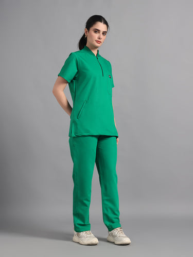 Stretchable (4Way) Sea Green Women Flex Zip Neckline Top With Straight Pants