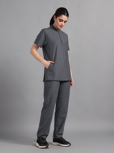 Stretchable (4Way) Charcoal Grey Women Flex Zip Neckline Top With Straight Pants