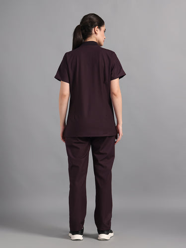 Stretchable (4Way) Wine Women Flex Zip Neckline Top With Straight Pants