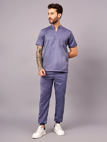Stretchable (2Way) Men Denim Blue Texture Mandarin Neck With Jogger Scrub Set