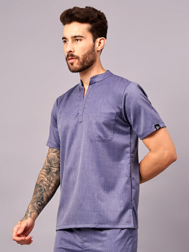 Stretchable (2Way) Men Denim Blue Texture Mandarin Neck With Jogger Scrub Set