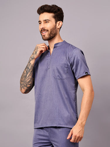 Stretchable (2Way) Men Denim Blue Texture Mandarin Neck Scrub Top