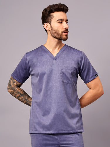 Stretchable (2Way) Men Denim Blue Texture V-Neck Scrub Top