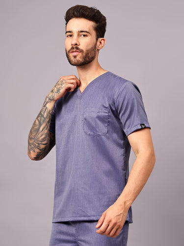 Stretchable (2Way) Men Denim Blue Texture V-Neck Scrub Top