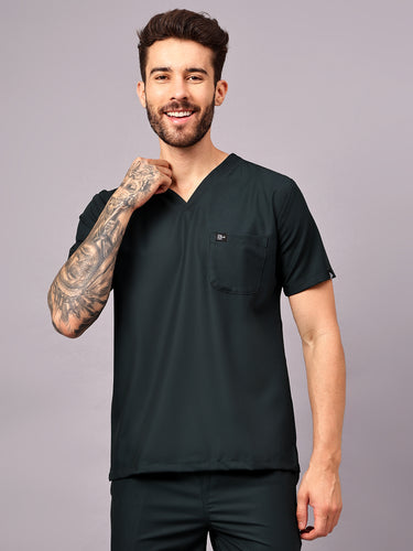 Stretchable (4Way) Male Mid Night Green V-Neck With Straight Pant Scrub Set