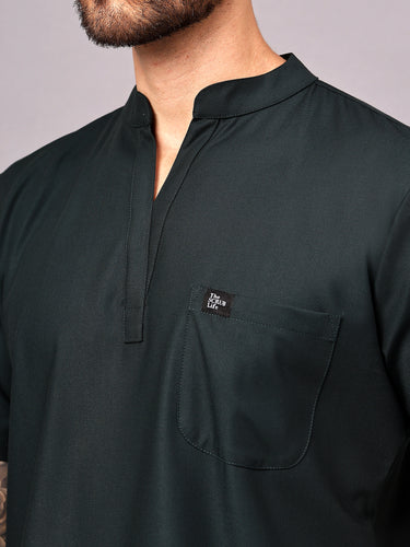 Stretchable (4Way) Male Mid Night Green Mandarin Neck with Jogger Scrub Set