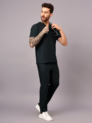 Stretchable (4Way) Male Mid Night Green V-Neck With Straight Pant Scrub Set