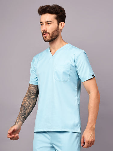 Stretchable (2Way) Male Aqua Blue V-Neck With Straight Pant Scrub Set