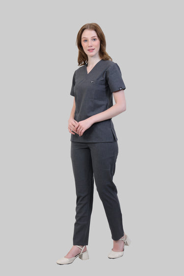 Stretchable (4Way) Female Charcoal Grey V Neck With Straight Pant Scrub Set