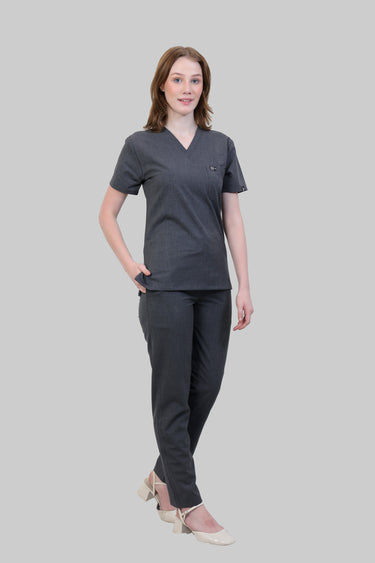Stretchable (4Way) Female Charcoal Grey V Neck With Straight Pant Scrub Set