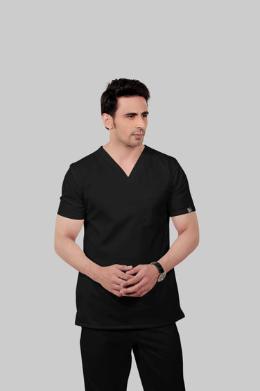Stretchable (2Way) Male Black V-Neck Scrub Top