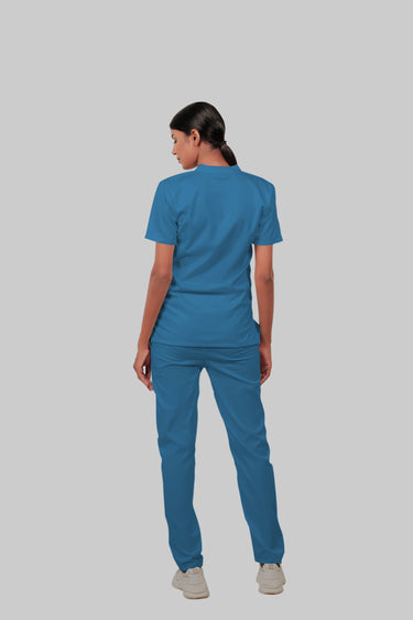 Stretchable (2Way) Female Steel Blue Mandarin Neck With Straight Pant Scrub Set