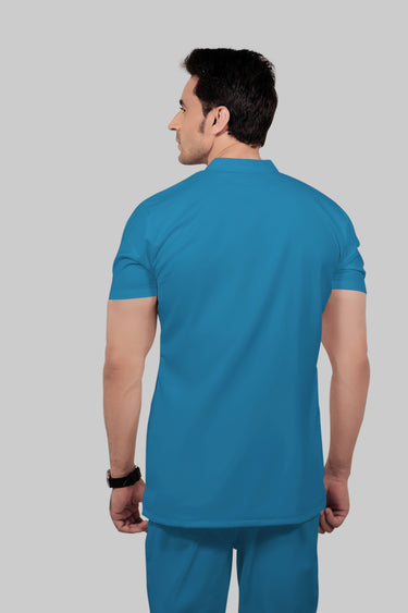 Stretchable (2Way) Male Peacock Blue Mandarin Neck With Jogger Scrub Set