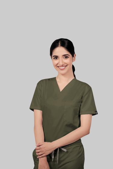 Stretchable (4Way) Female Olive Green V-Neck With Straight Pant Scrub Set