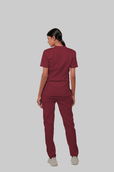 Stretchable (2Way) Female Maroon Mandarin Neck With Straight Pant Scrub Set